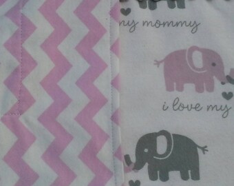 Pink and Gray Elephant "I love mommy" Print Flannel Blanket = Baby or Toddler Girl
