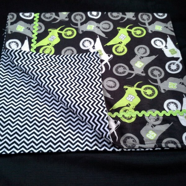 Motorcycles in Green, White and Gray Blanket Gift Set - Baby Boy - Comes with Three Matching Burp Cloths