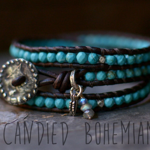 PRAIRIE RIDER Bracelet- Beaded Turquoise Leather Bracelet, Bohemian Jewelry, Boho Rustic Jewelry, Mens Beaded Bracelet, Candied Bohemian