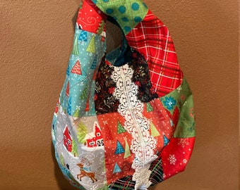 Japanese Knot Bag w Shoulder strap, individually made, exterior quilted, fully lined. Snowmen & Reindeer design FREE SHIPPING US contigent