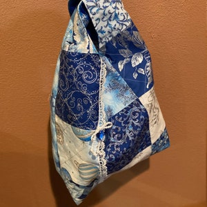 Japanese Knot Bag w Shoulder Strap, lined, exterior quilted. &quot;Holidays in Blue Flair&quot;FREE SHIPPING in contingent US
