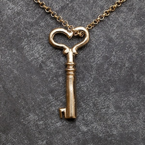 Brass Heart Key Necklace // Vintage Skeleton Key // Valentine&#39;s Day Jewelry // Heart Shaped Charm // Key To My Heart N-901-BS