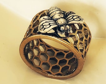 Bijenhoningraatring // Zilvermessing honingbij // Gemengde metalen bijensieraden // Eigentijdse statement sieraden // Bijenkorf R-200-BS