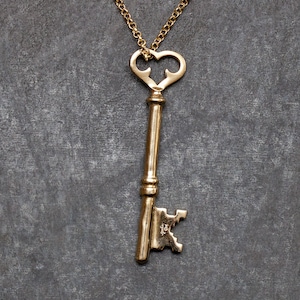 Large Brass Heart Key Pendant // Vintage Skeleton Key // Valentine&#39;s Day Jewelry // Heart Shaped Key Charm // Key to my Heart // N-907-BL