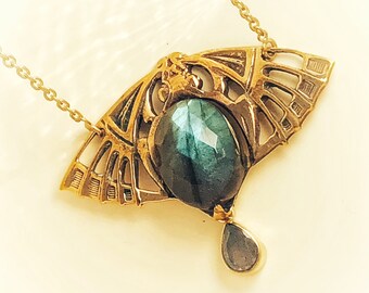 Art Deco Golden Moth Necklace // Brass Vintage Antique Pendant w Faceted Labradorite Gemstones // Insect Wings N-100-BLab
