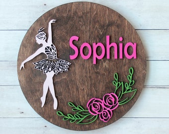 Dance Sign, Girls Name Sign, Baby Name Sign, Ballerina Sign, Nursery Circle Wood Sign, Custom Baby Name Sign, Personalized Nursery Sign