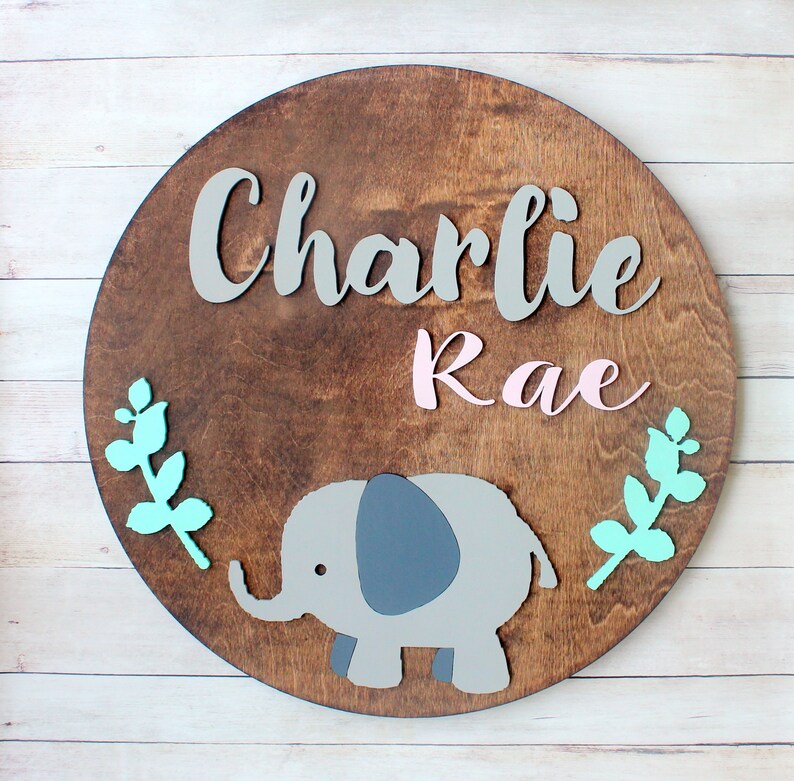 Girls Nursery Circle Sign Elephant Nursery Name Sign Baby Etsy