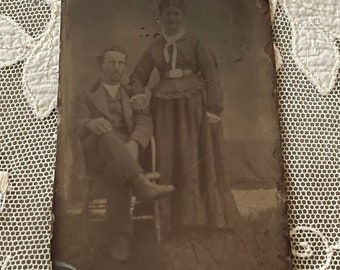 Antique Victorian Man & Woman Tintype Photograph Portrait