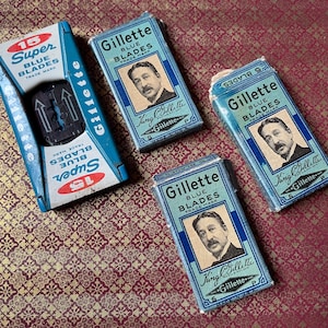 Antique Gillette Blue Blades Individually Wrapped Blades & Vintage Gillette Razor Disposal Container Shaving Gentlemen’s Grooming