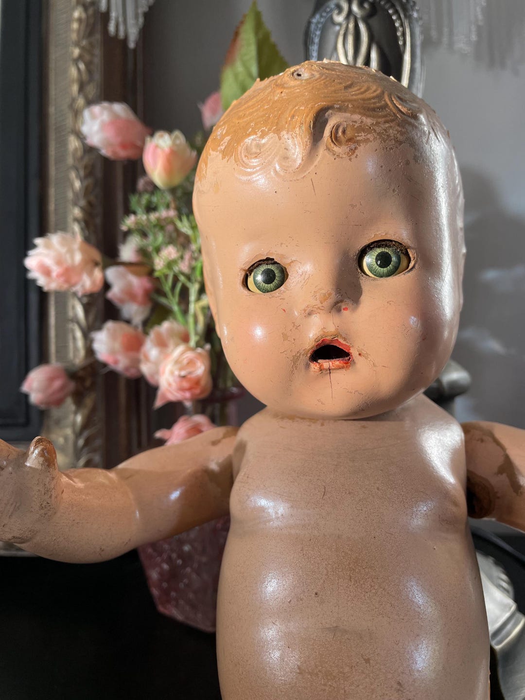 Vintage Composite Chippy Posable Baby Doll Sleepy Eyes Creepy Surprised ...