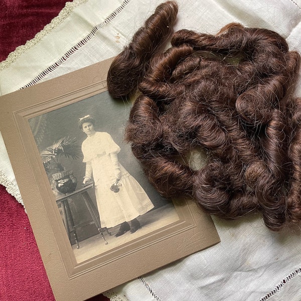 Antique Victorian Era Portrait Photo of Young Woman w/ Group of Ringlet Curls Hair Memorial Keepsake Oddity Curiousity Frankenmuth Michigan
