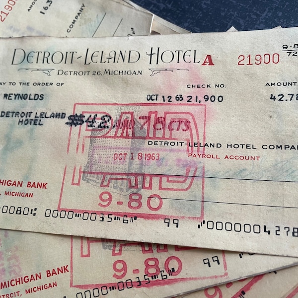Vintage 1960s - Detroit Leland Hotel Payroll Stubs - Sold Individually
