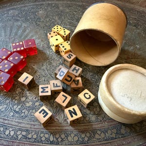 Vintage Assorted Bakelite Dice and Wooden Letter Dice in Container Game Pieces