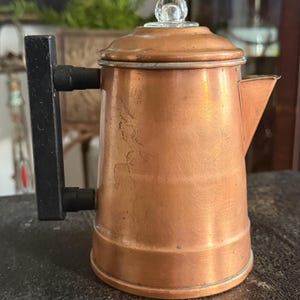 Vintage Small Camping Copper Coffee Tea Pot Kettle Wooden Handle