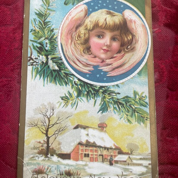 Antique 1911 Joyus New Year Angel Winter Scene Postcard Ephemera Detroit Michigan