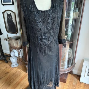 Antique 1920s Silk Chiffon Beaded Floral Sheer Overlay Double Layer Dress for Restoration or Repair