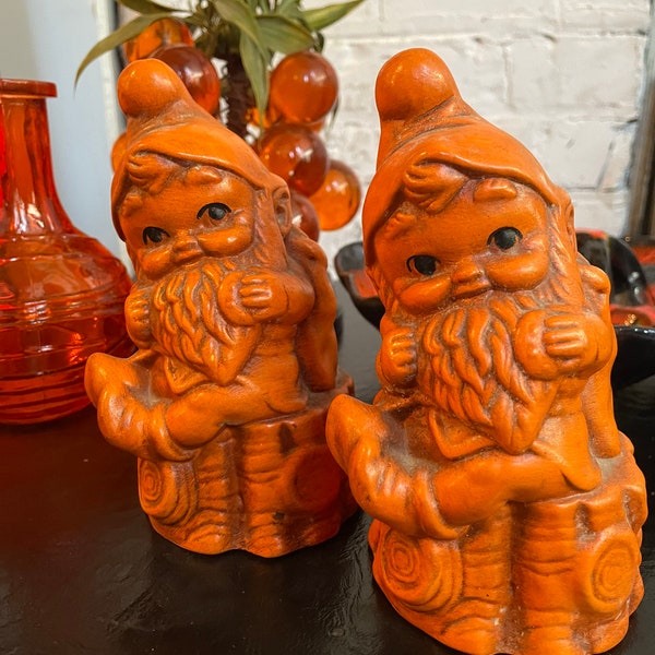 Twin Winton Vintage Orange Gnome Salt & Pepper Shakers Woodland Creatures Cottagecore Weird Kitsch