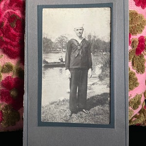 Antique Portrait of Sailor w/ People in Row Boat on Lake image 1