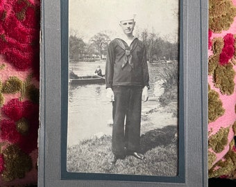 Antique Portrait of Sailor w/ People in Row Boat on Lake