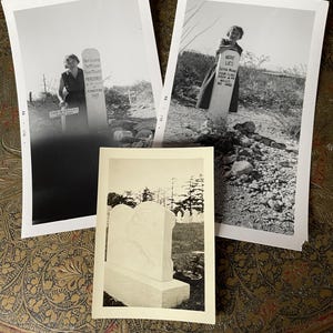 May include: Three black and white photographs of grave markers. The first photo shows a woman standing in front of a grave marker that reads "Here rests the body of Patty Clayton, born July 10, 1839, died October 18, 1889, murdered by Tom McNeely". The second photo shows a woman standing in front of a grave marker that reads "Here Lies Lester Moore, Four Miles From Globe, Arizona, No More". The third photo shows a close-up of a white grave marker with an ornate design.