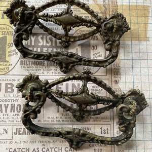 Pair of Antique Ornate Aged Brass Drawer Handles Drawer Pulls Hardware Restoration Project