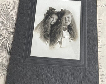 Antique Sepia Photo Portrait Card of Little Girls with Long Hair