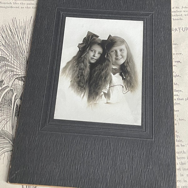 Antique Sepia Photo Portrait Card of Little Girls with Long Hair