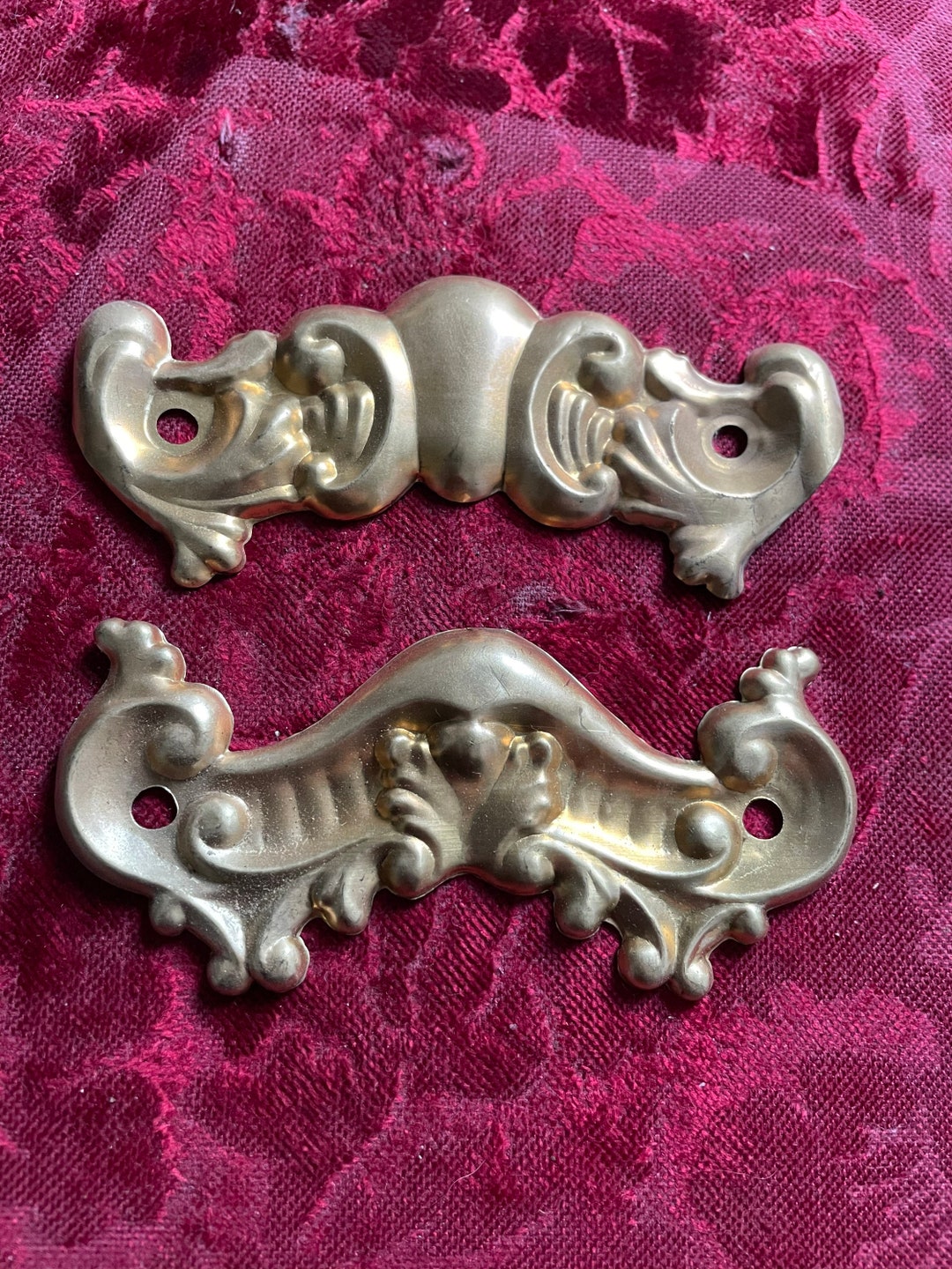 Two Antique Vintage Ornate Brass Drawer Pull Plates Etsy