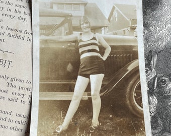 Antique Sepia Snapshot Photo of Sassy Woman in Swimsuit by Classic Car