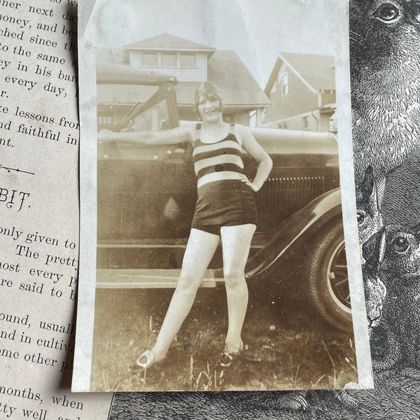 Antique Sepia Snapshot Photo of Sassy Woman in Swimsuit by Classic Car