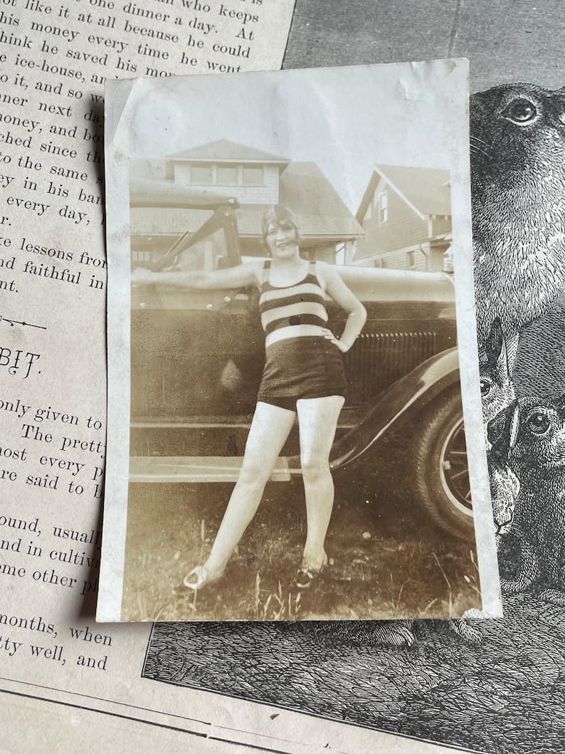 Antique Sepia Snapshot Photo of Sassy Woman in Swimsuit by Classic Car image 1