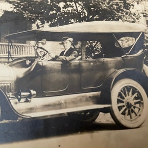 Antique Sepia Photo of Gentleman Posing in Automobile Classic Car Ephemera