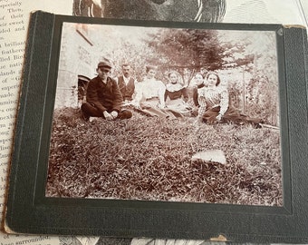 Antique Sepia Mounted Photo Portrait Victorians Sitting on Lawn