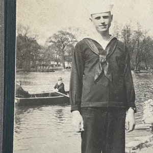 Antique Portrait of Sailor w/ People in Row Boat on Lake image 2