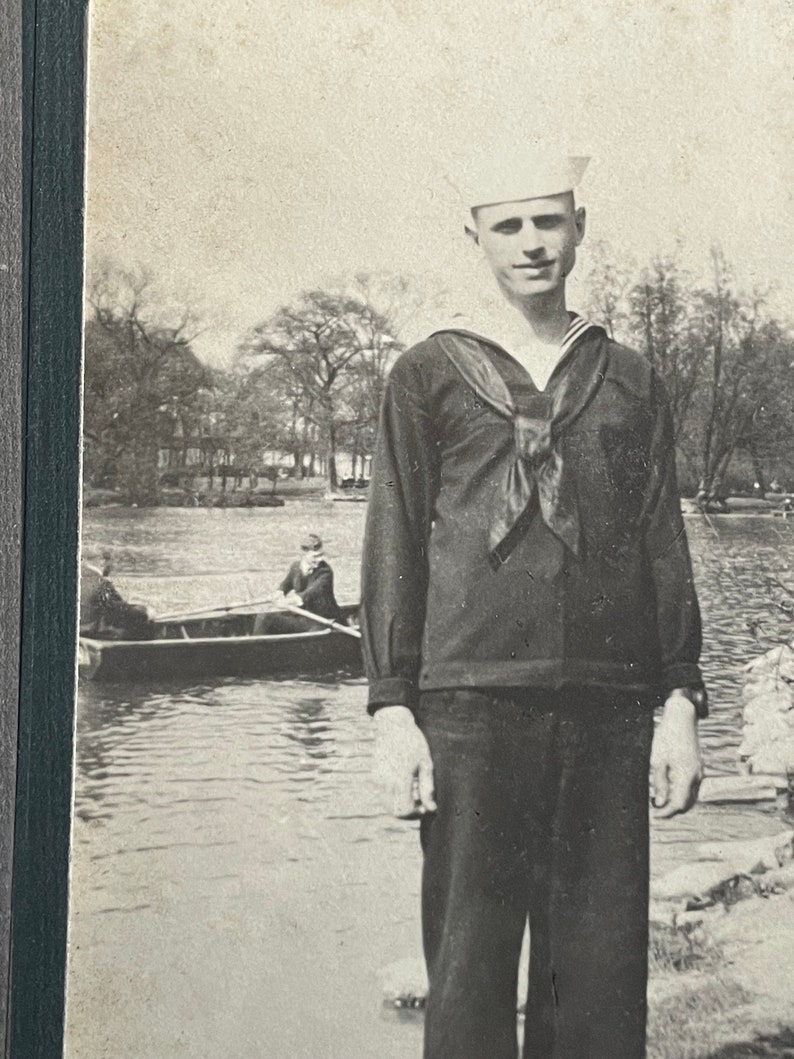 Antique Portrait of Sailor w/ People in Row Boat on Lake image 2