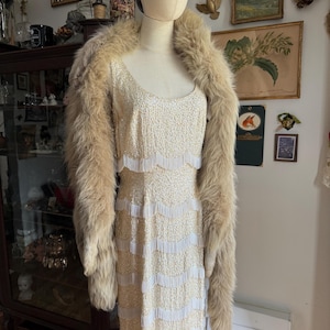 Vintage Iridescent Sequin Full Length Creme Gown w/ Beaded Fringe Special Occasion Wedding Dress Burlesque Old Hollywood Glamour As Is