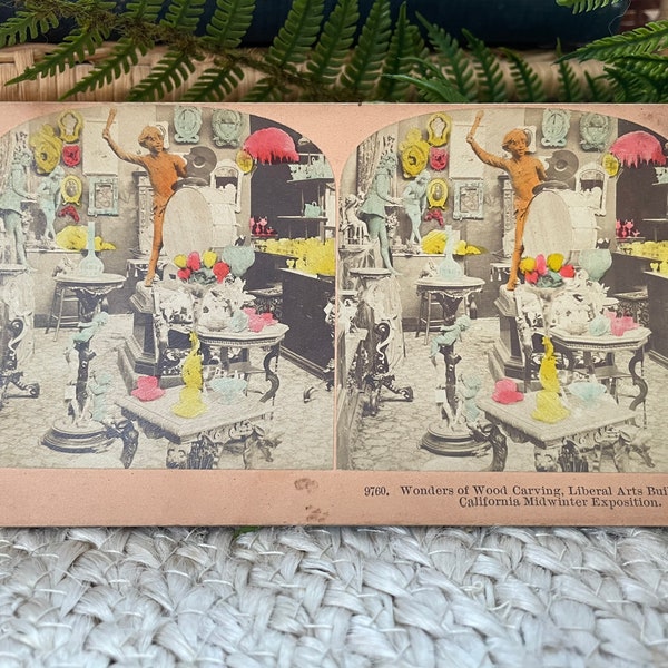 Antique James M. Davis Wonders of Woodcarving California Exposition  Stereoscope Viewer Card 1894 Psychedelic Colorful