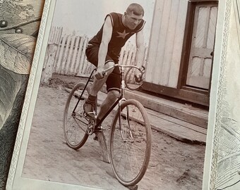 Antique Sepia Mounted Photo Portrait Gentlman Athlete Riding Bicycle Cycling Cyclist