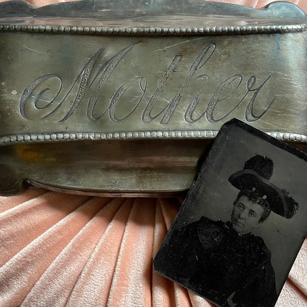 Antique Victorian Mother Funeral Casket Plate or Tintype Portrait of Victorian Woman