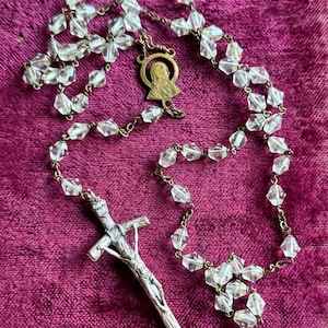 Vintage Clear Bead Rosary w/ Silvertone Branch Crucifix and Brass Sacred Heart of Jesus Catholic Religious Gift
