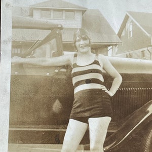 Antique Sepia Snapshot Photo of Sassy Woman in Swimsuit by Classic Car image 2