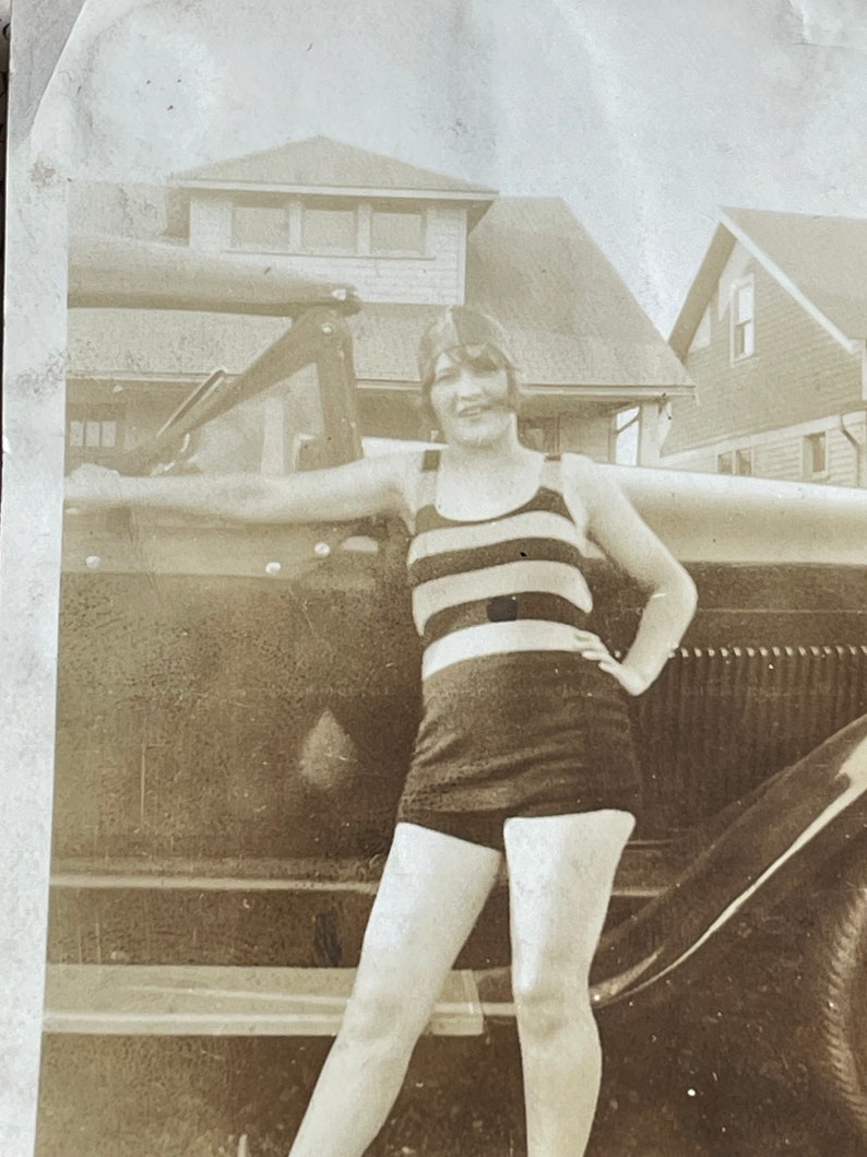 Antique Sepia Snapshot Photo of Sassy Woman in Swimsuit by Classic Car image 2