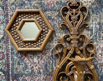 Vintage Hexagon Mirror or Syroco Wall Sconce Candleholder