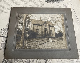 Antique Sepia Mounted Photo Portrait of House w/ People on the Porch