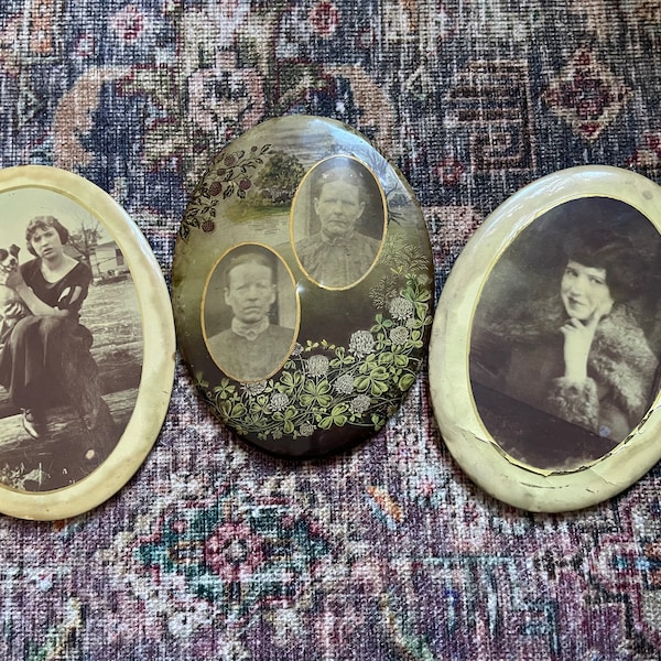 Large Antique Celluloid Metal Photo Button Style Victorian Portrait Ladies Lady with Dog