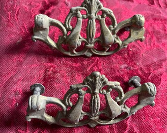 Pair of Antique Vintage Ornate Metal Double Screw Hardware Drawer Pulls Handles