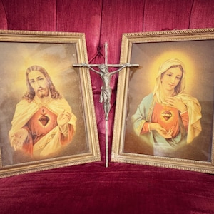 Vintage Sacred Heart Immaculate Heart Jesus & Mary Framed Prints or Brass Crucifix Religious Wall Decor Art
