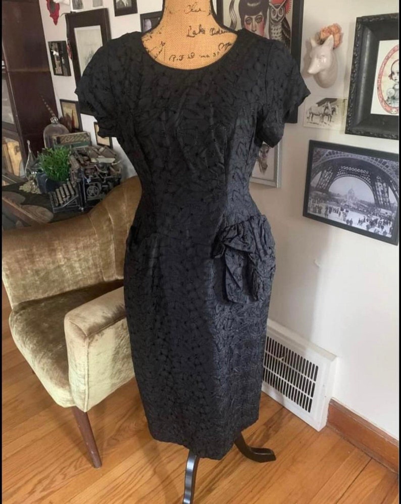 Gorgeous Black Lace Vintage Wiggle Dress w/ Pocket & Hip Swag image 1