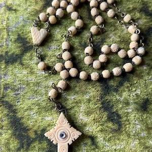 Antique French Carved Celluloid Hidden Image Stanhope of Religious Scene Mary Miraculous Medal Image Rosary Cross Catholic Religious