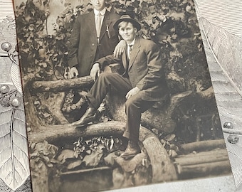 Antique Sepia Photo Portrait Postcard of Two Gentlman Posing in Outdoor Scece City Park Portland Oregon